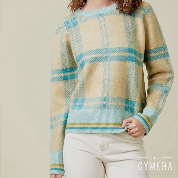 Mystree Plaid Sweater in Yellow and Teal - Picture 1 of 6